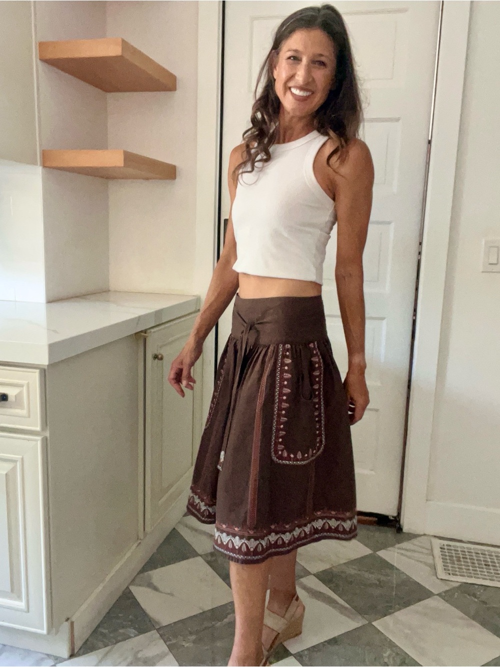 🤎 French Connection Embroidered Brown Boho A-Line Skirt Size 6 Tie Waist
